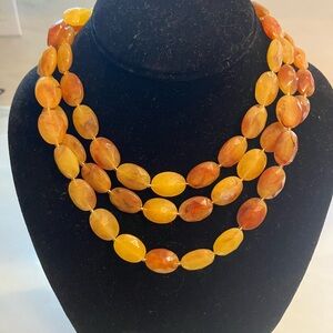 Elegant VTG Natural Marigold Amber Cut Stone Triple Strand Beaded Necklace
